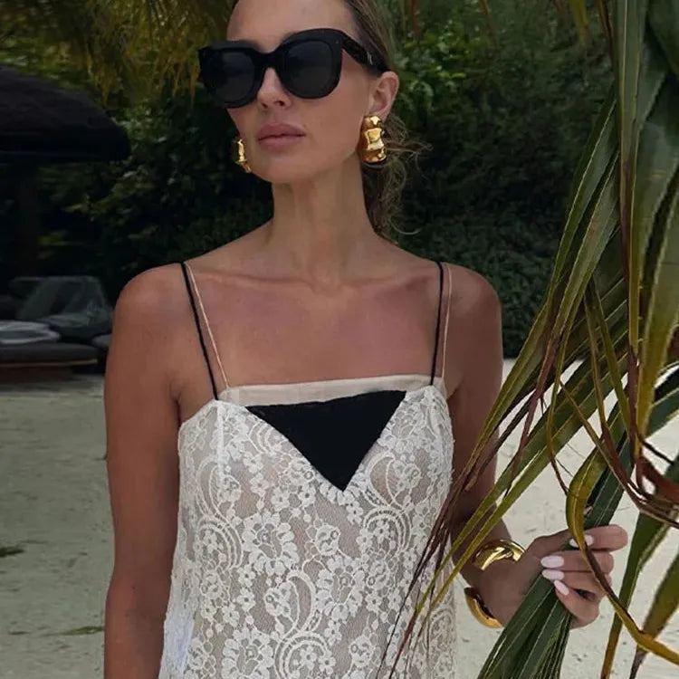 Women Sexy Lace White See Through Maxi Dress Fashion Sling High Waist Bodycon Beach Robe 2024 Summer Vacation Street Vestidos