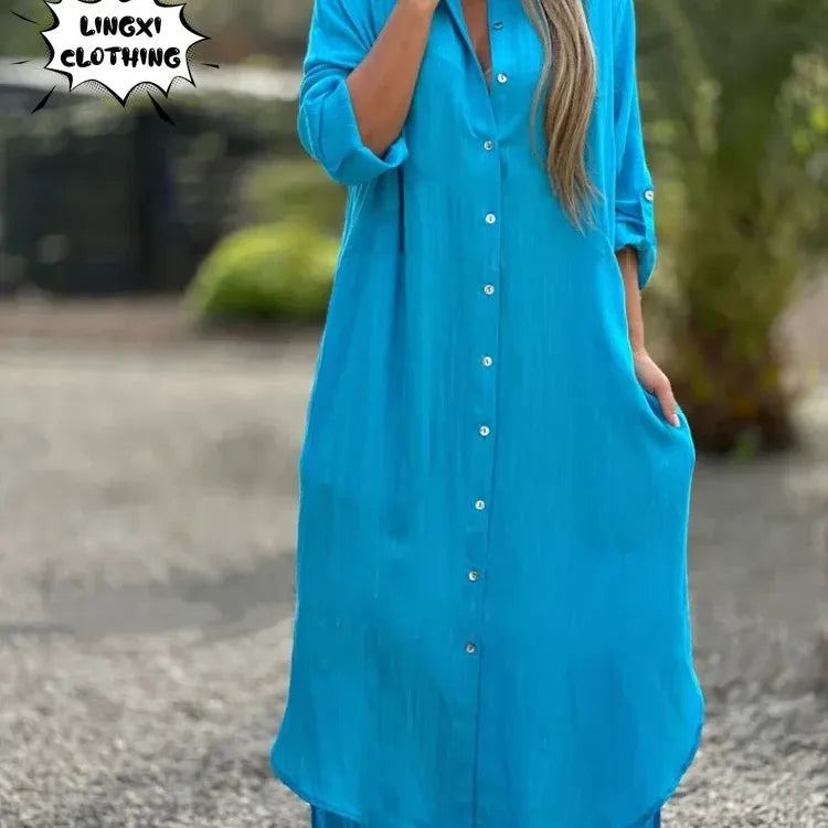 Summer New Women's Cotton and Hemp Plus Size Dress Elegant Shirt Long Dress Fashionable Casual Long Sleeve Beach Style Dress