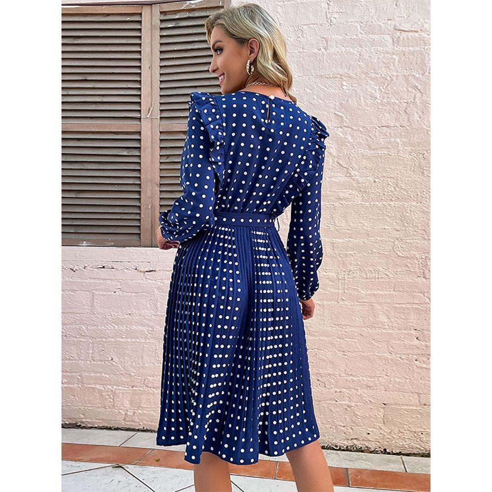 Ladies Vintage Dot Print Mini Dress Women Casual O Neck High Waist Slim Ruffles Spring Autumn Women Female Vestidos - Jointcorp