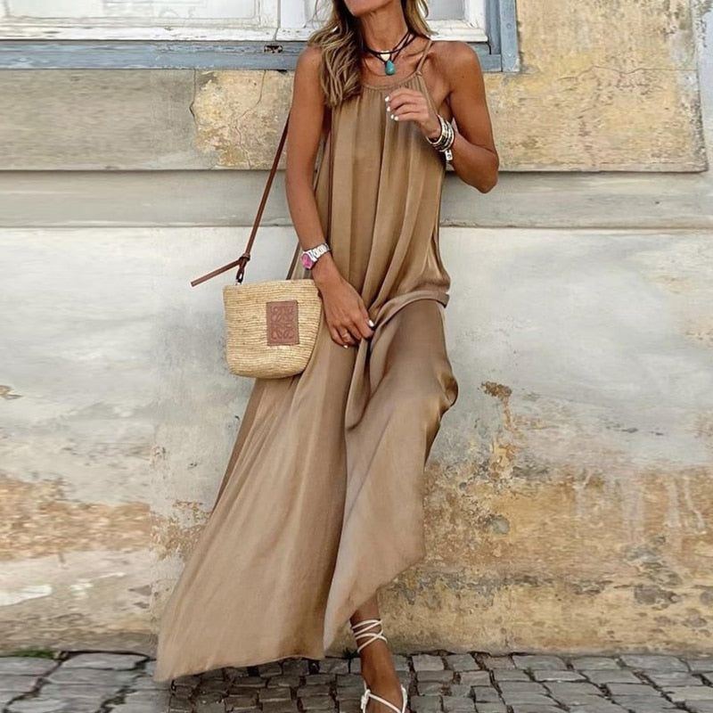 Dress Elegant Solid Off Shoulder Beach for Women Sexy Hollow Out Sleeveless Long Dress Office Lady Vintage Loose Party Dress Vestido - Jointcorp