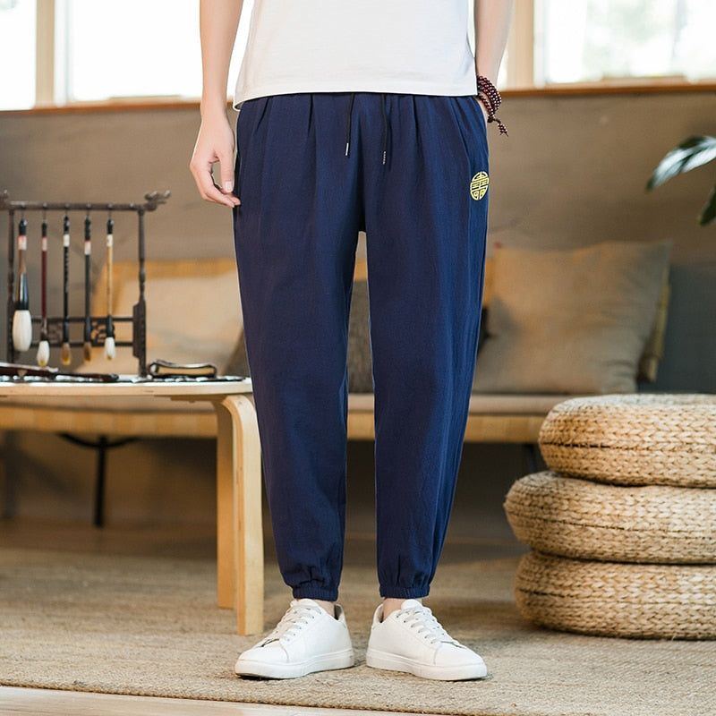 Cotton Linen Pants Men Fashion Embroidery Loose Pants Men's Street Jogging Pants - Jointcorp