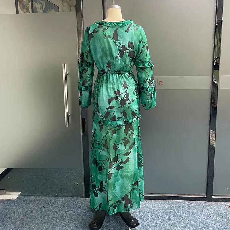 Women Maxi Dress Long Lantern Sleeve V Neck