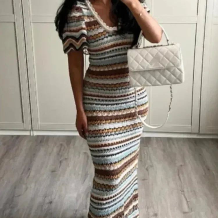 Chic Contrast Striped Knitted Maxi Dresses Female U-neck Short Sleeve High Waist Slim Vestidos Women Casual Beach Holiday Dress