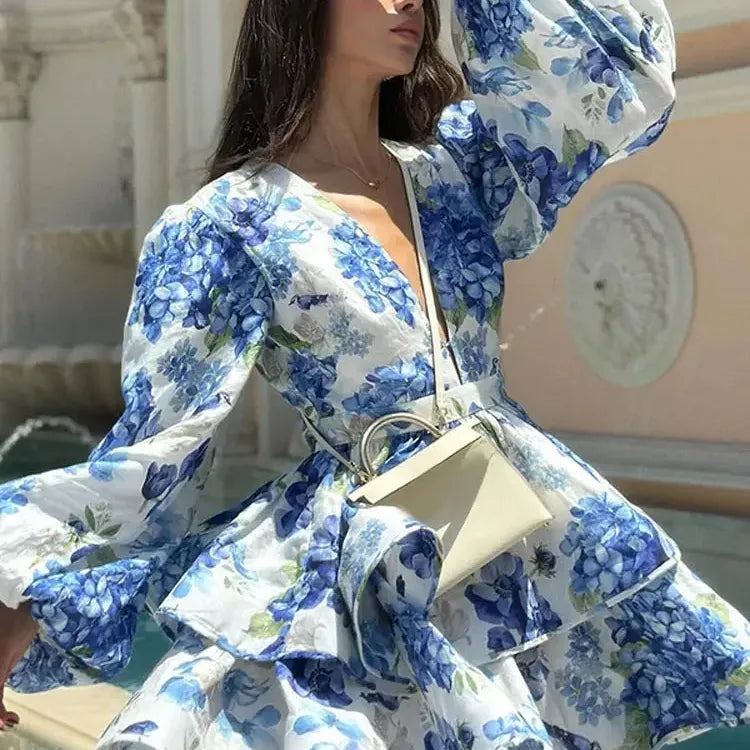 Summer Holiday Ruffled Short Dress For Women Fashion Printed V-neck Long Lantern Sleeved Sundress Lady beach party vestidos