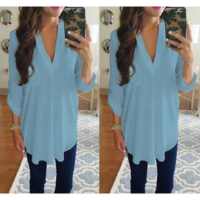 Loose Maternity V-Neck Blouse Long Sleeve Shirt Pullover Tops Chiffon Female Women Solid T-Shirt Streetwear Clothing Plus Size - Jointcorp