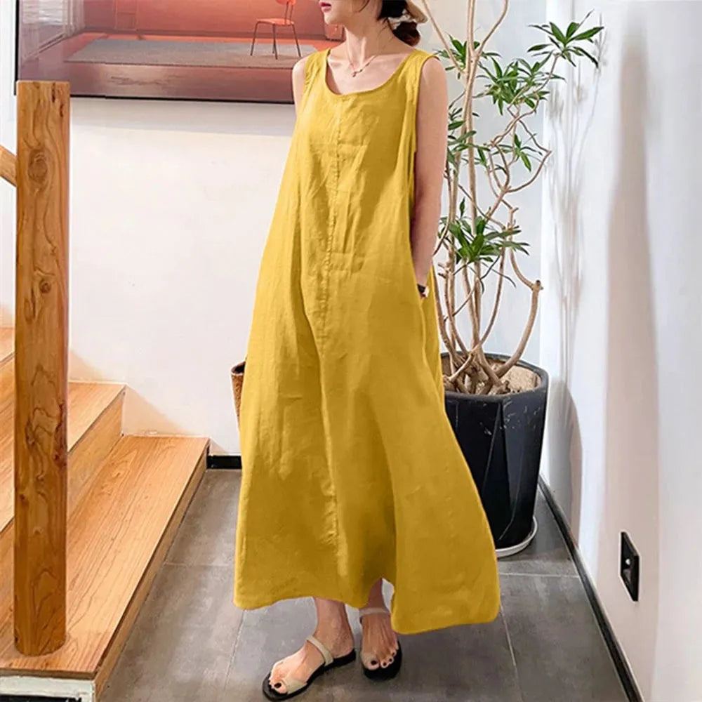Summer New Cotton Linen Dress Women Solid Color Casual Round Neck Long Sleeveless Dress Holiday Simple Pockets Loose Beach Dress
