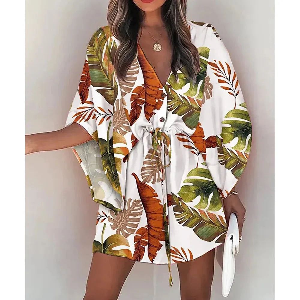 Holiday Style Dresses Women Sexy V-neck Batwing Sleeve Lace-up Fashion Printed Dress Summer Beach Causal Half Sleeve Short Dress