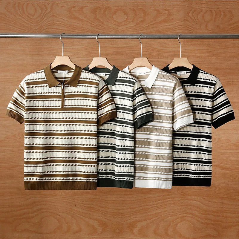 Fashion Striped Knitting Polo Shirts Men Short Sleeve Zip-up Polo Collar Shirt For Men Spring Summer Vintage Knitted Polo Shirt