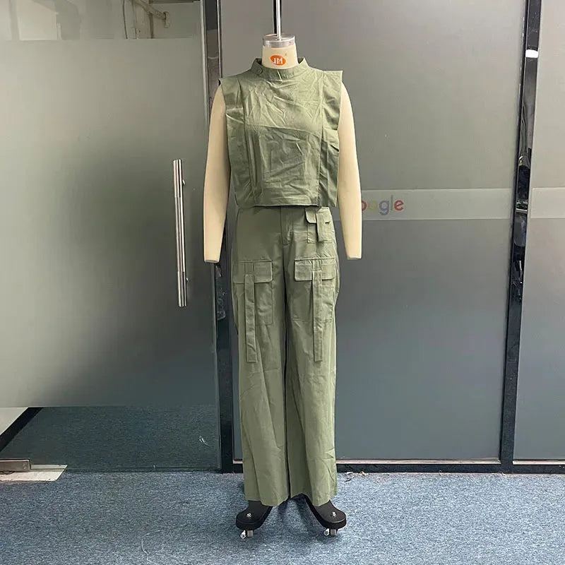 Women Two Piece Set Fashion Solid Sleeveless Crew Hollow Out Tank Top Loose With Pockets Cargo Pants Sets Streetwear