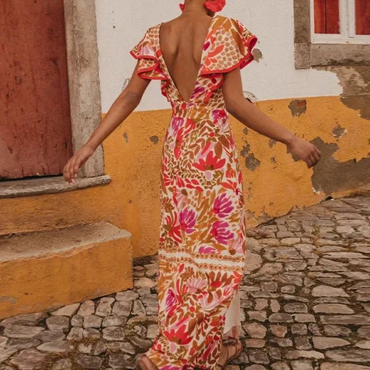 Vintage Boho Backless Flying Sleeves Print Dress Women Elegant V Neck Split Dresses 2024 Summer Chic Female Street Vestidos