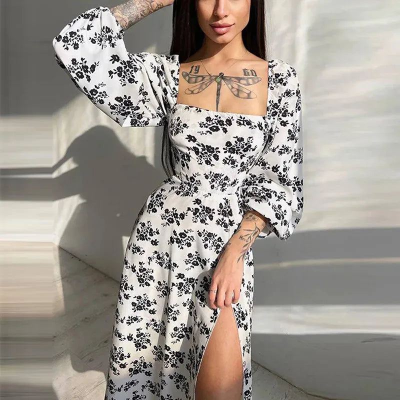 Summer Square Collar High Waist Split Sexy Dress Printed Lantern Sleeve Split Dress for Women Elegant Floral Sweat Dress