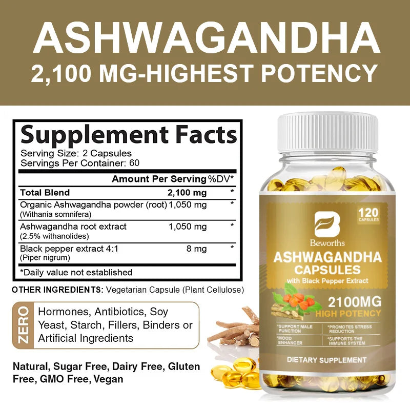 BEWORTHS Organic Ashwagandha Root Extract Capsules Help Sleep Stress Relief Better Mood Balance hormones Male Functional Health