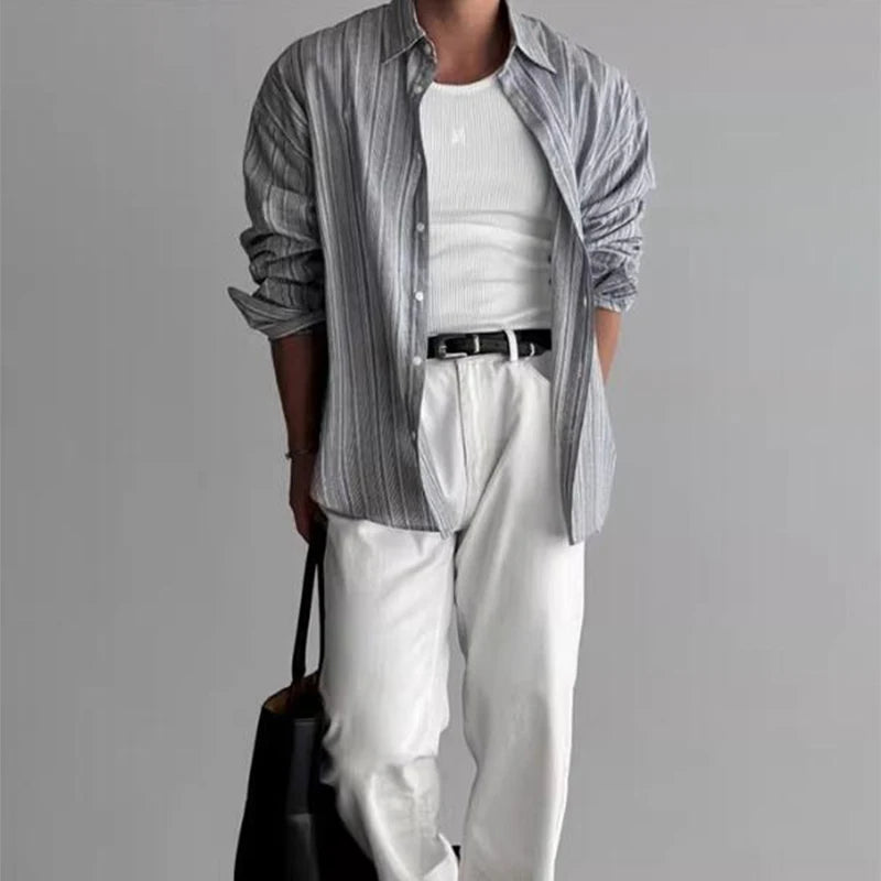 Vintage Mens Striped Printed Shirt Long Sleeve Turn-down Collar Buttoned Shirts Autumn New Casual Slim Fit Men Cardigan Shirts