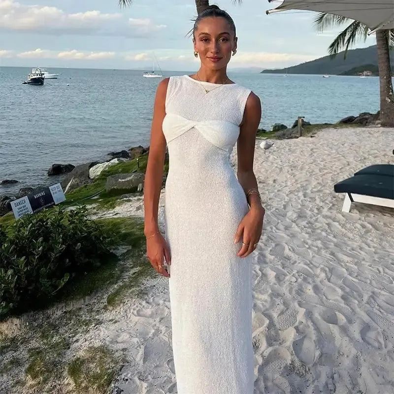 Elegant Pinck Knotted O Neck Knitted Long Dresses For Women Sexy Sleeveless Bodycon Robe 2024 Female Party Beach Party Vestidos