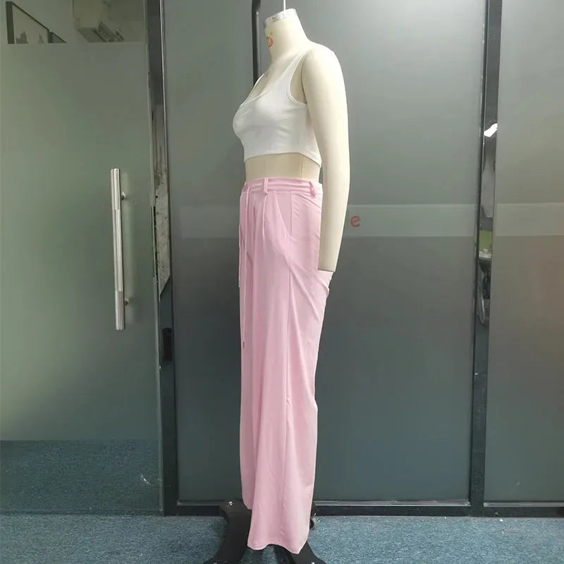 Women Two Piece Set 2023 Summer Casual Sleeveless Square Neck Solid Tank Top Loose Wide Legs Drawstring Pants Sets