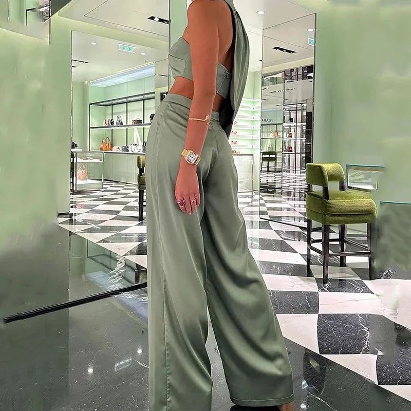 Women Two Piece Stylish Trend Solid One Shoulder Round Neck Irregular Pleated Top Loose Wide Legs Pants Set Streetwear