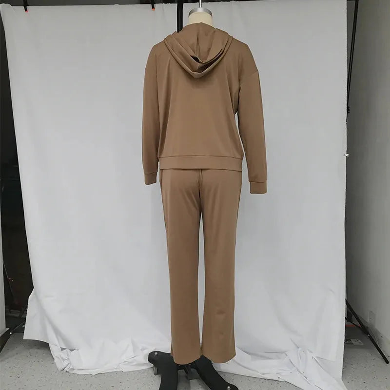 Women Two Piece Set Autumn Winter Casual Long Sleeve Solid Hooded Zippered Top Loose Pants Drawstring Lace Up Pant Set