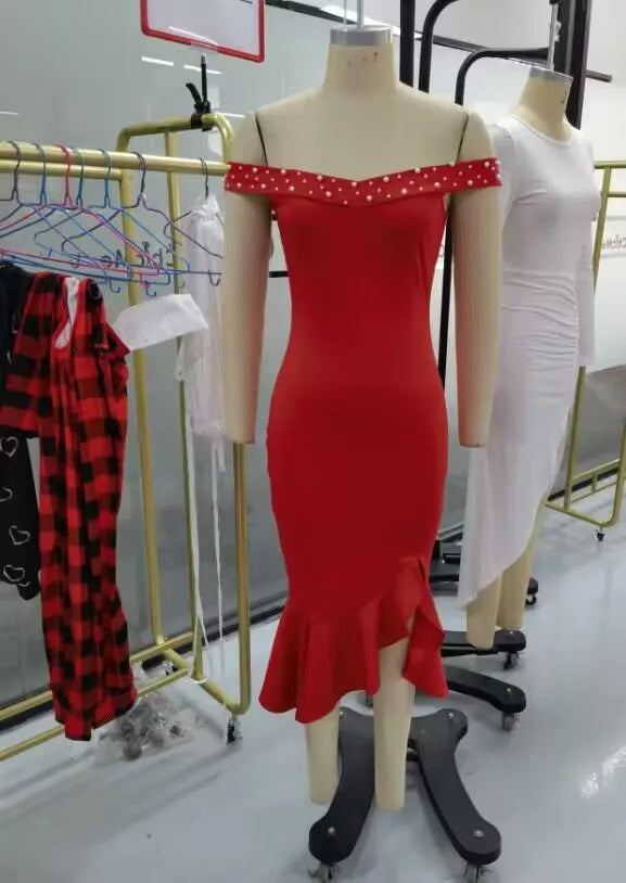 Women Elegant Dress 2024 Spring Summer Latest Beaded Off Shoulder Ruffles Slit Party Midi Dress Short Sleeves Skinny Short Skir