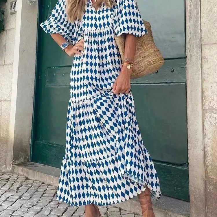 Autumn Fashion Half Sleeve Women Loose Dress Casual Printed Vintage Long Dresses Elegant V Neck Drawstring Party Dress Vestidos