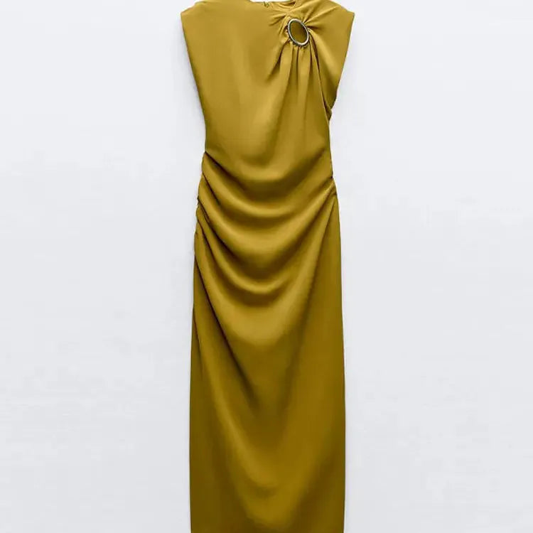 Women Elegant Green Sleeveless Party Long Dress Chic Round Neck With Metal Ring Side Pleated Bodycon Robe 2024 Lady Vestidos