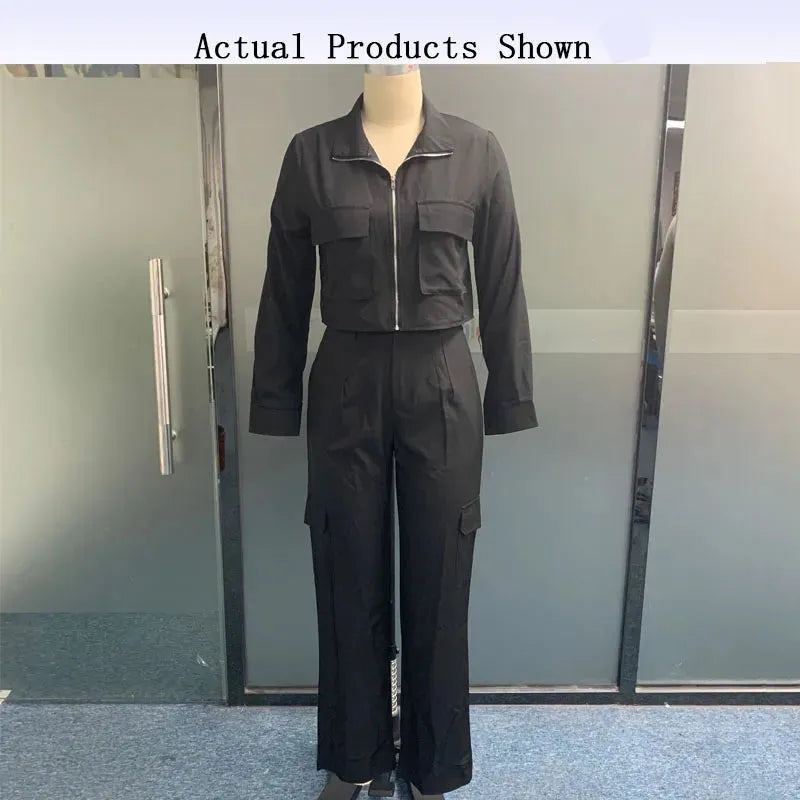 Women Two Piece Set Autumn Fashion Solid Zipper Lapel Short Jacket Top Loose Overalls Cargo Pockets Pants Streetwear