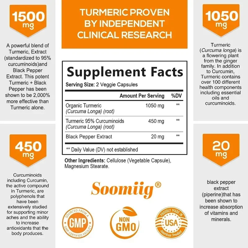 Turmeric Supplements - Promotes Digestive Health, Joint Health, Anti-inflammatory, Antioxidant, Cartilage Health Support
