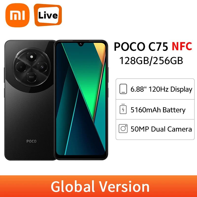 Global Version POCO C75 NFC Smartphone 50MP Dual Camera 6.88' 120Hz Dot Drop Display Massive 5160mAh Battery 18W Fast Charging