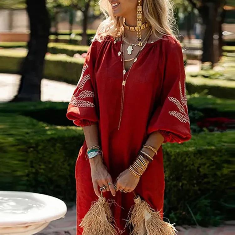 Embroidery Linen Long Lantern Sleeve Women Maxi Dress Loose V Neck Dresses Female Fashion Elegant Lady Robe 2024 Spring Summer