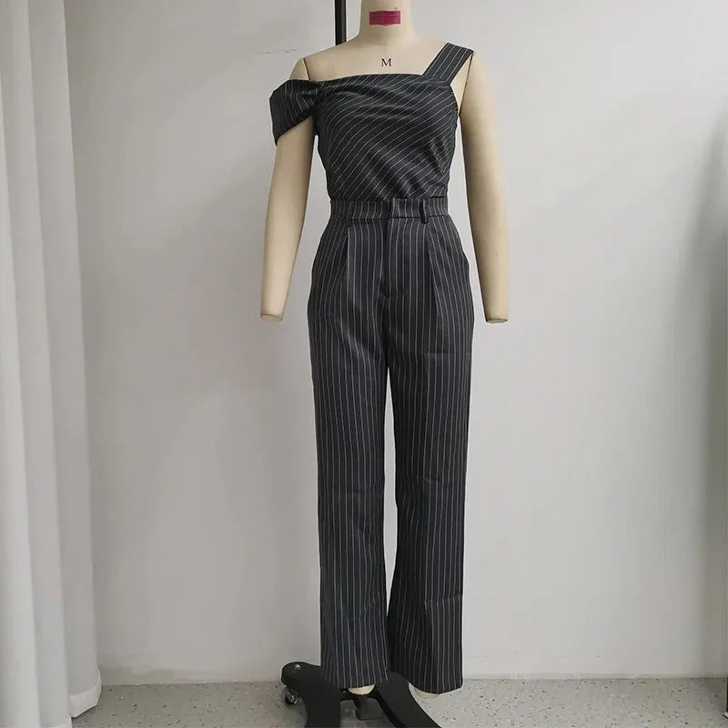 Women Two Piece Set Summer Office Off Shoulder Strap Single Sleeve Top Fahion Striped Loose Pants Suit High Streetwear
