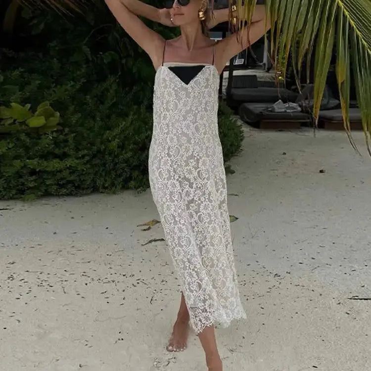 Women Sexy Lace White See Through Maxi Dress Fashion Sling High Waist Bodycon Beach Robe 2024 Summer Vacation Street Vestidos