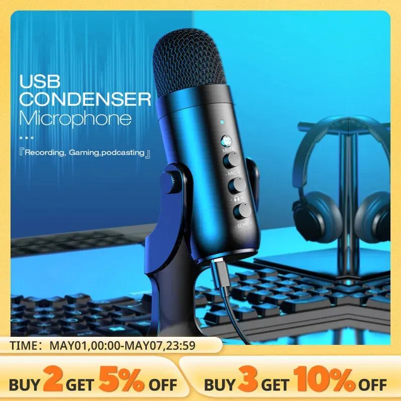 USB Microphone for PC Mac Gaming Recording Streaming Podcasting, Computer Condenser Mic with Phone Adapter Headphone Output
