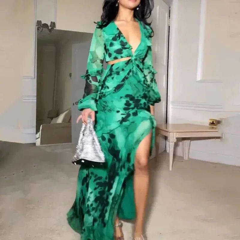 Women Maxi Dress Long Lantern Sleeve V Neck