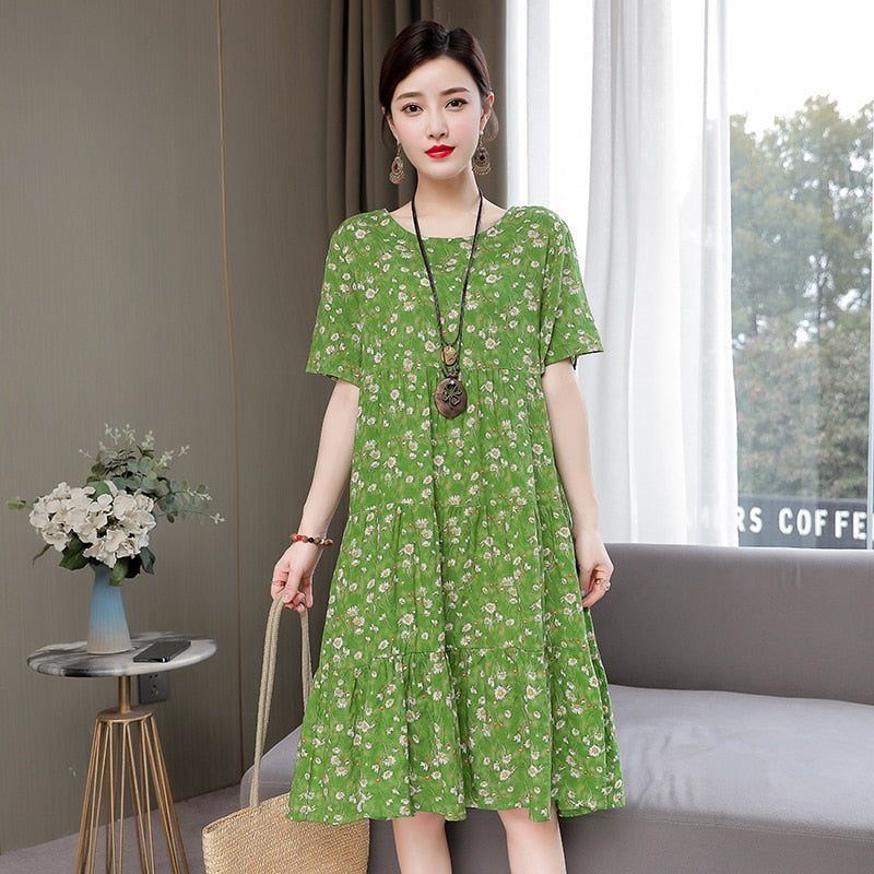 Women's dress, 2023, O-neck, printed, loose fit cotton, plus size - Jointcorp