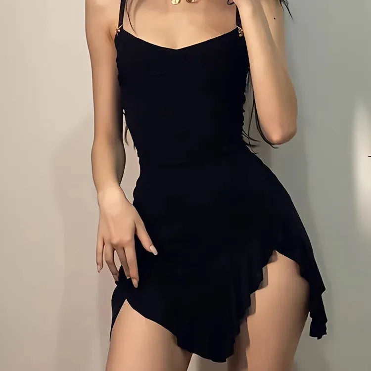 Sexy Mini Dress Women Summer New Black Sleeveless Strap Backless Folds Bodycon Split Dress Streetwear Elegant Party A-LINE Dress