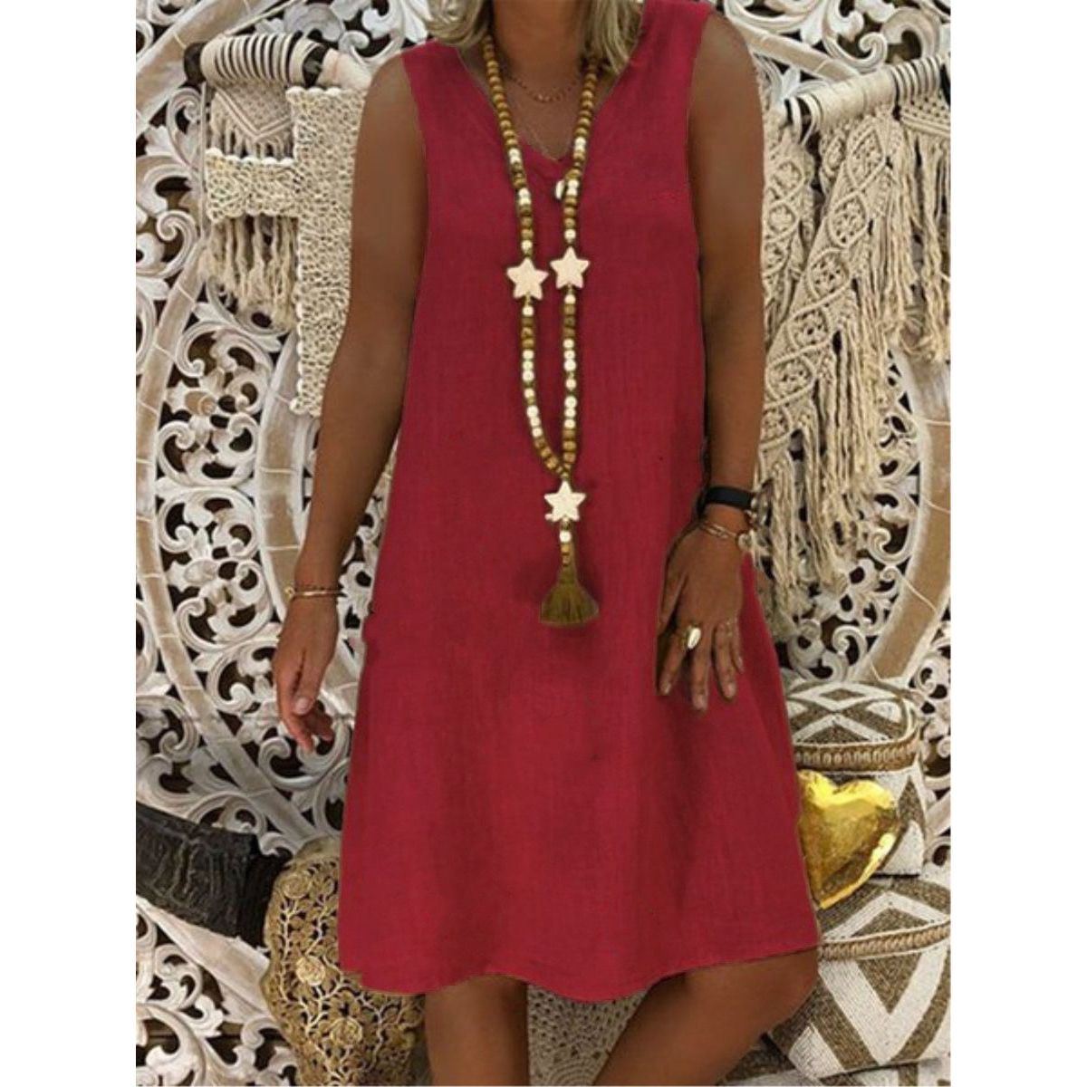 Retro Tank Dress Summer Women Dress Cotton Linen V Neck Sleeveless Solid Beachwear Casual Women's Clothing Vintage dresses - Jointcorp