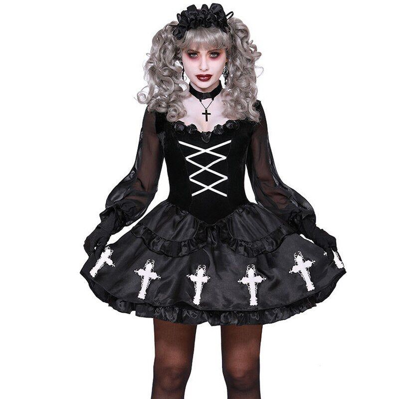 Women's carnival costume, terrible evil circus clown costume, broken voodoo doll, cosplay dress, dream evening dress