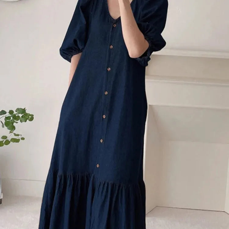 Women Denim Blue Robes Longue ZANZEA Oversized Fashion Summer Puff Sleeve Maxi Vestidos Retro Dress Casual Solid Baggy Sundress