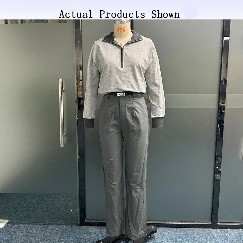 Women Two Piece Set Autumn Thin Solid Lapel Long Sleeve Zipper Pullover Slim Top Loose Straight Pants Sets With Belt