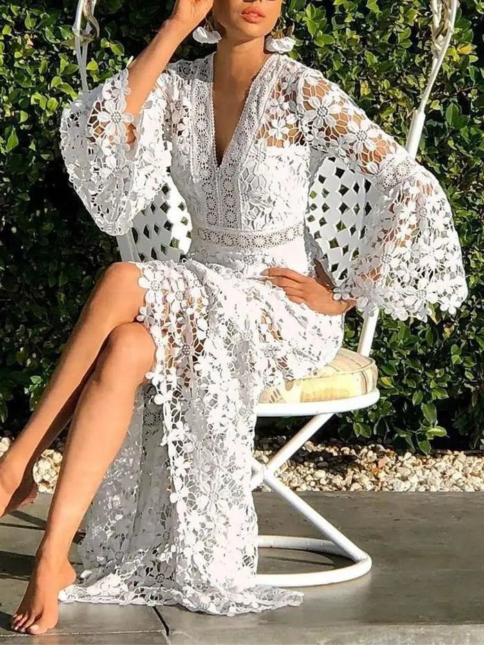 knee length dresses for ladies V Neck Crochet Hollowed Out Flare Sleeve Midi Dress Women Loose See Th