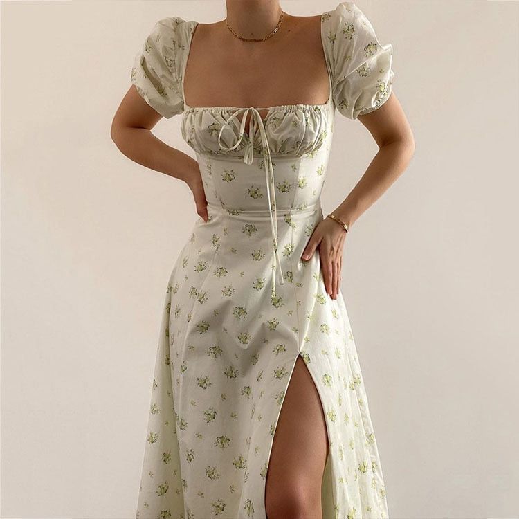 Dress Women Summer Puff Sleeve Square Collar Sundress Chic A-line Split Vintage dresses - Jointcorp