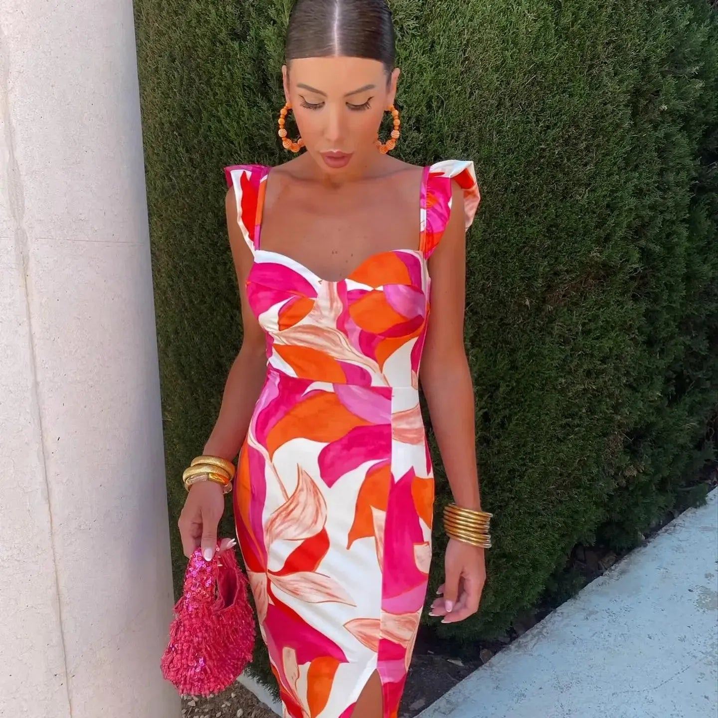 Summer Printed Women Backless Printed Strap Dress Eleagnt Sleeveless Splited Bodycon Dresses Female Streetwear Fashion Vestidos