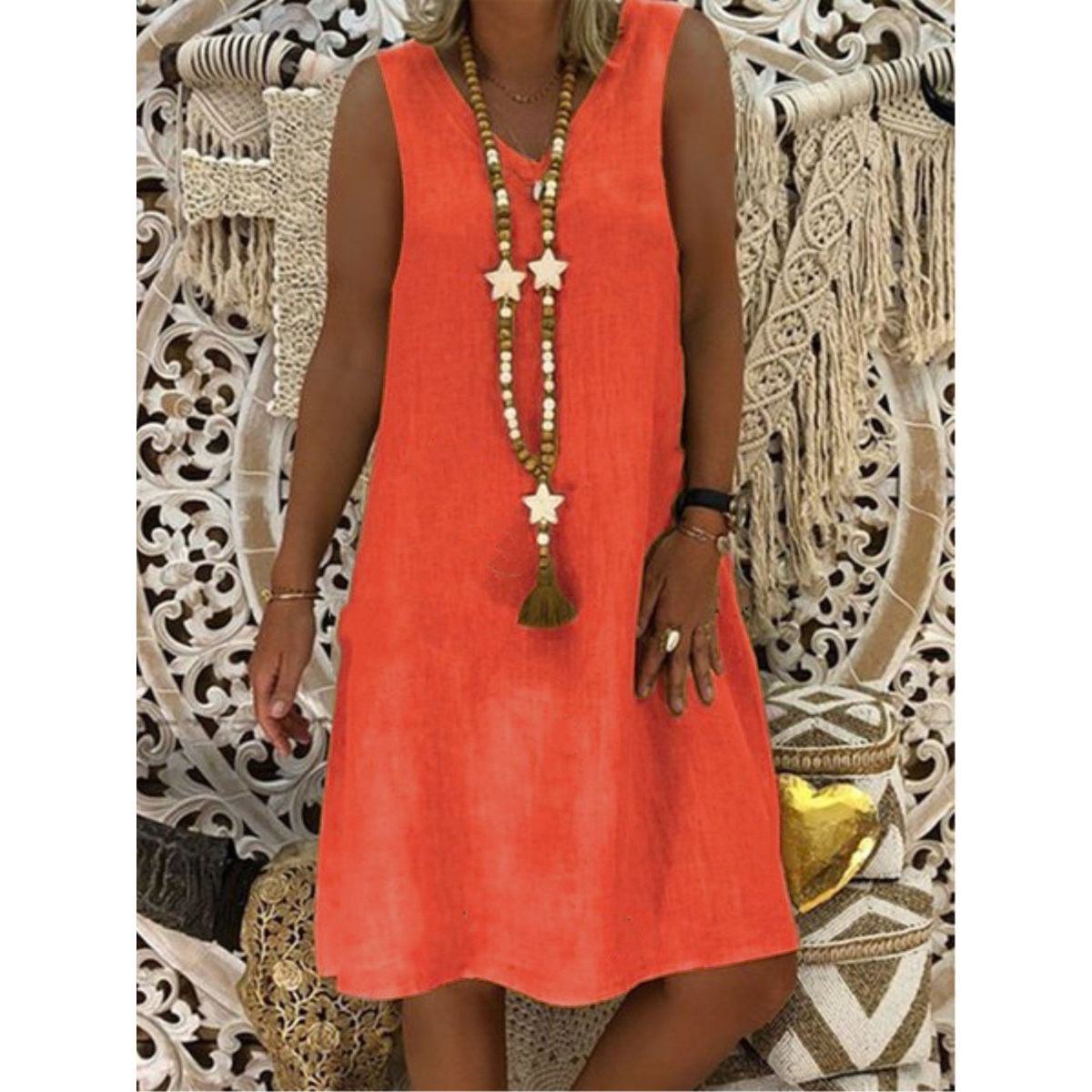 Retro Tank Dress Summer Women Dress Cotton Linen V Neck Sleeveless Solid Beachwear Casual Women's Clothing Vintage dresses - Jointcorp