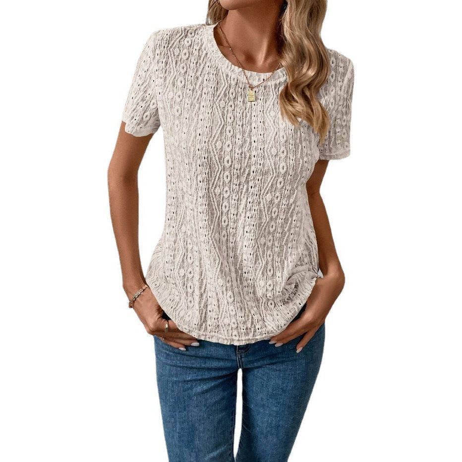 Hollowed Leisure Solid Color Round Neck T-shirt For Women