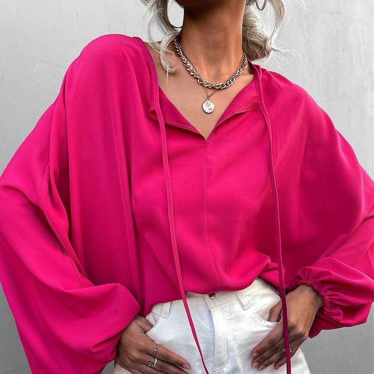 Lantern Sleeve Tied V-neck Loose Casual Top Women