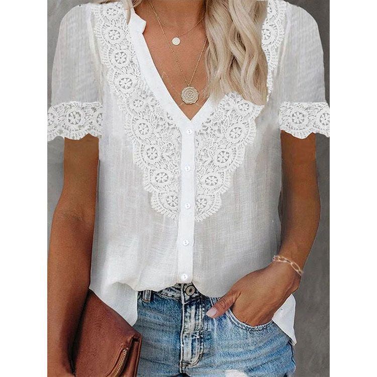 Summer New Women's Lace Stitching Tencel Short Sleeve Shirt