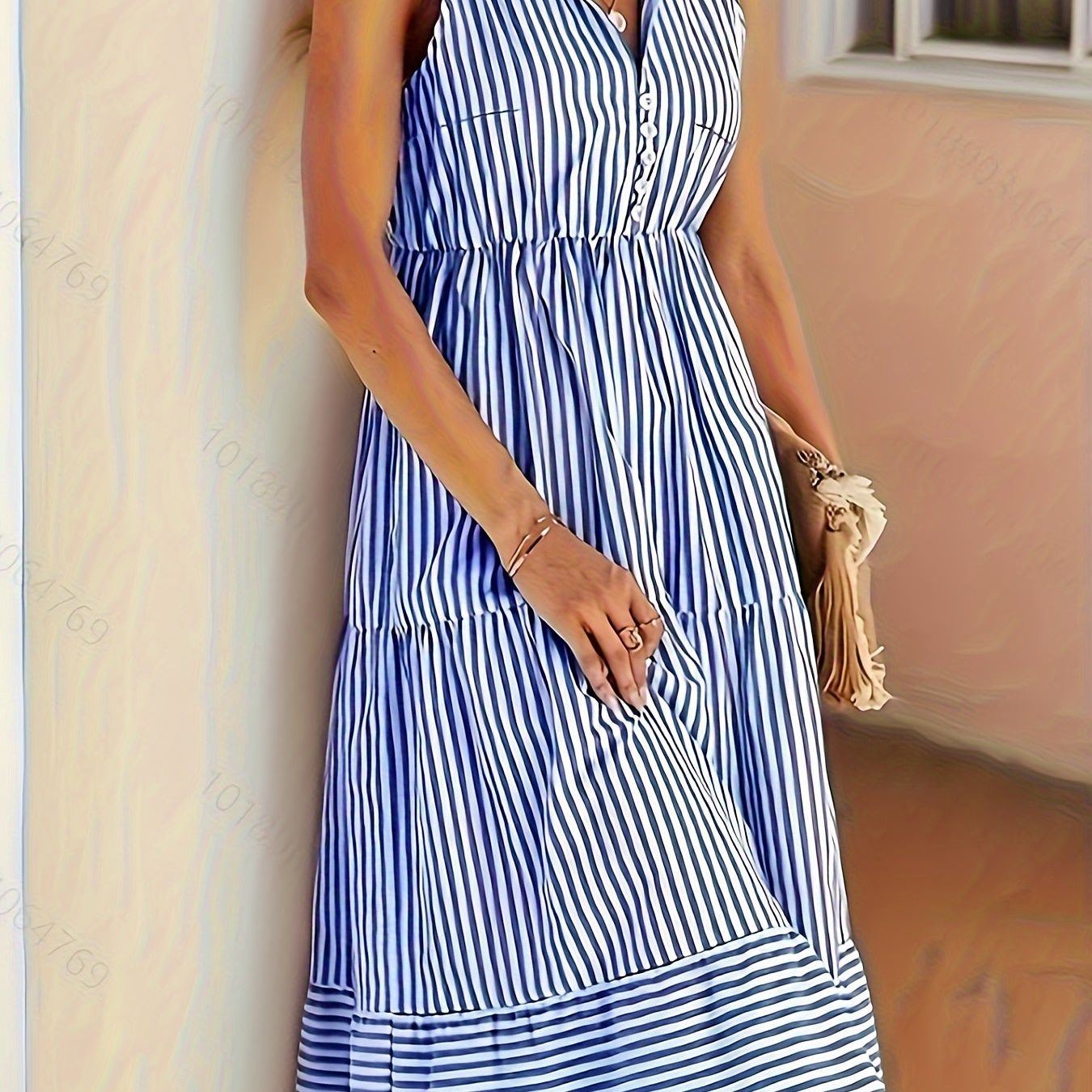Striped Print Ruffle Hem Dress, Elegant Sleeveless Dress For Spring & Summer, Women's Clothing