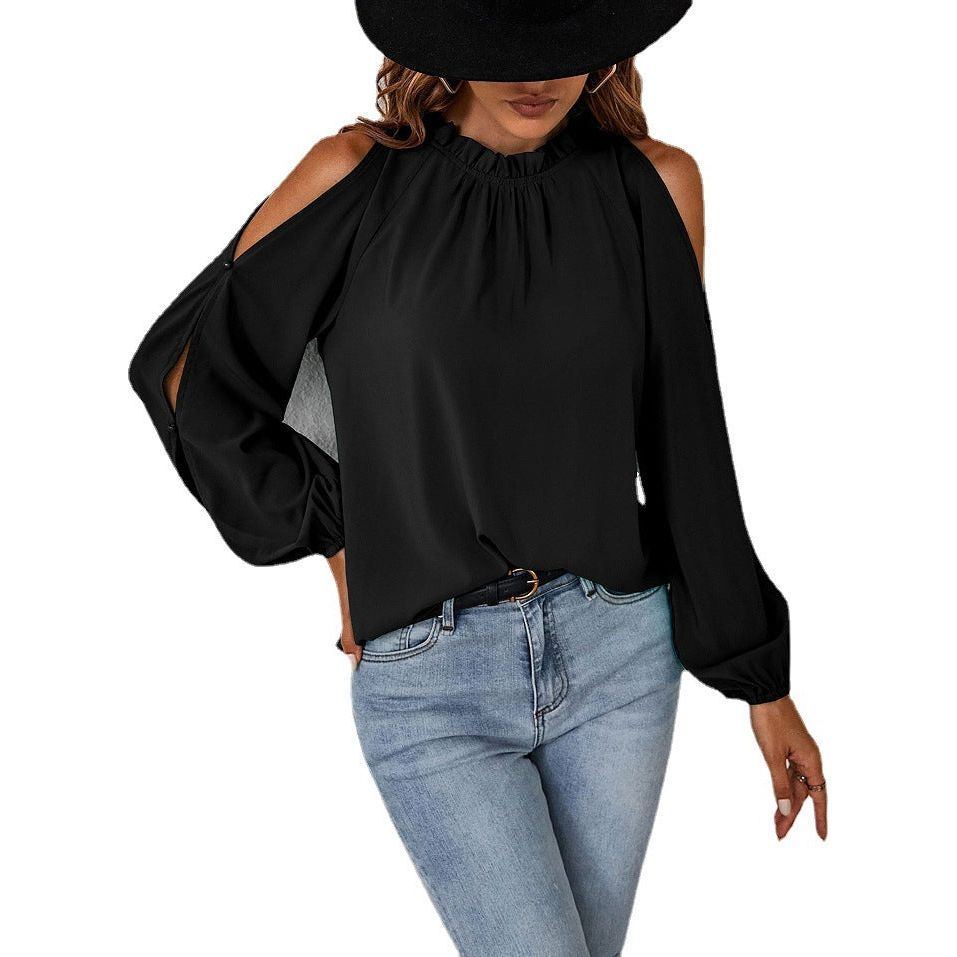 Ruffle Round Neck Long Sleeve Pleated Off-shoulder Top