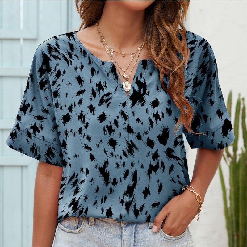 Printed V-neck Short-sleeved Casual Top T-shirt For Women - Jointcorp