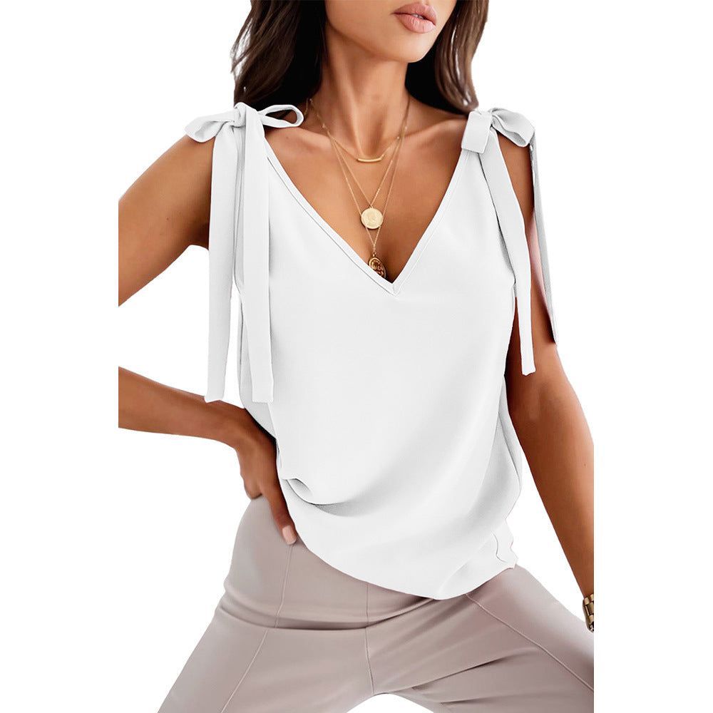 Shoulder Lace-up Bow Suspenders Vest Women's Sweet V-neck Top - Jointcorp