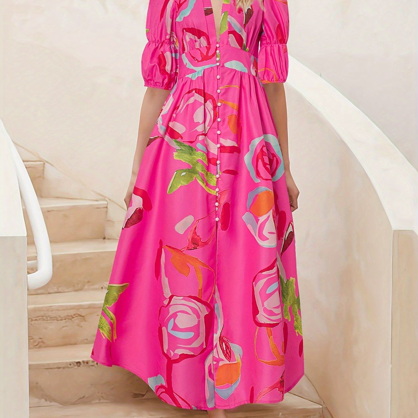 Allover Print V-neck Dress, Elegant Short Sleeve A-line Dress For Spring & Summer, Women's Clothing